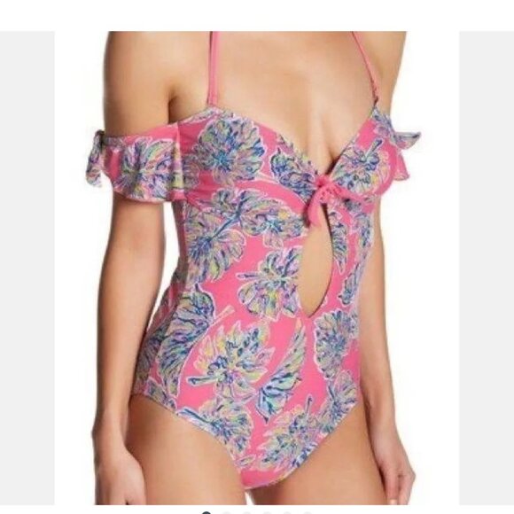 NWT YMI Swimwear Sz S Beautiful One Piece Swimsuit Pink w Palm Print Vacation! - Picture 1 of 6